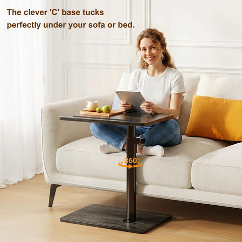CAIYUN C Shaped Side Table, Height Adjustable Swivel 360° Rotating, Black End Table for Small Spaces