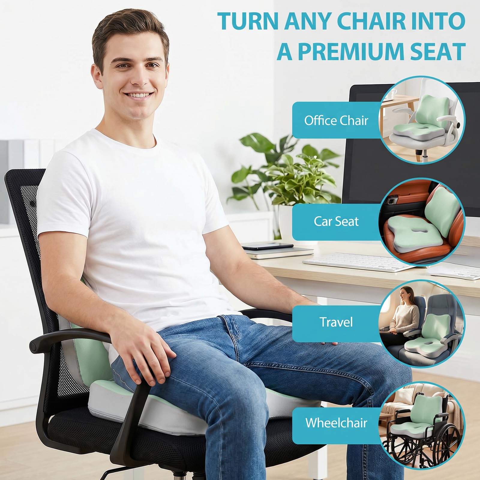Seat Cushion and Lumbar Support - Memory Foam Chair Cushion and Back Support for Tailbone & Back Pain Relief Ergonomic Coccyx Cushion for Home Office