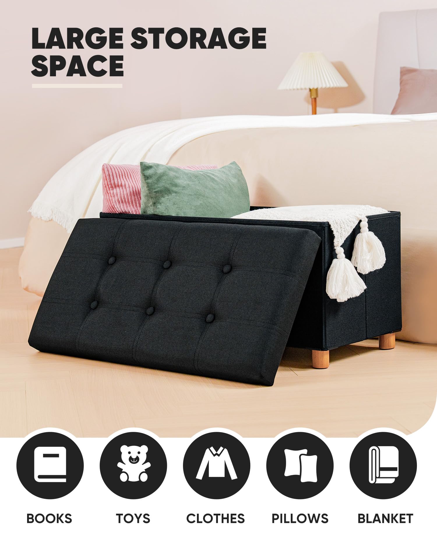 Bonlife Storage Ottoman with Tray, Foldable Bench with Wooden Legs