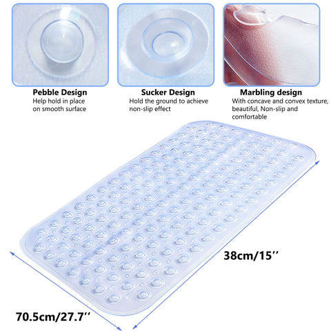 Non Slip Bath Mat, Uooker Anti Slip Shower Mat, Anti Mould Long Rubber Bathroom Mat 70x38cm with Drain Holes & Strong Suction Cups Grip