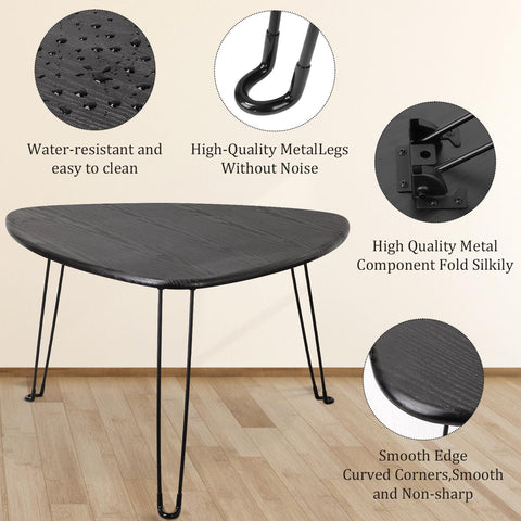 FEUFOAM Black Folding Coffee Table Small Oval Coffee Tables Wooden Triangle Floor Desk for Sitting on the Floor Mid Century Modern Center Sofa Table