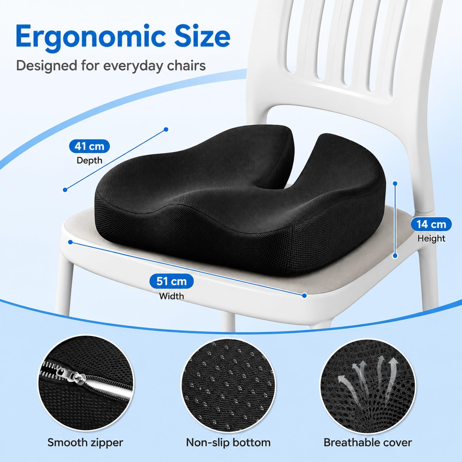 GOOGO Extra Large Coccyx Cushion, Ergonomic Memory Foam Seat Cushion for Tailbone Pain Relief, with Contoured Support