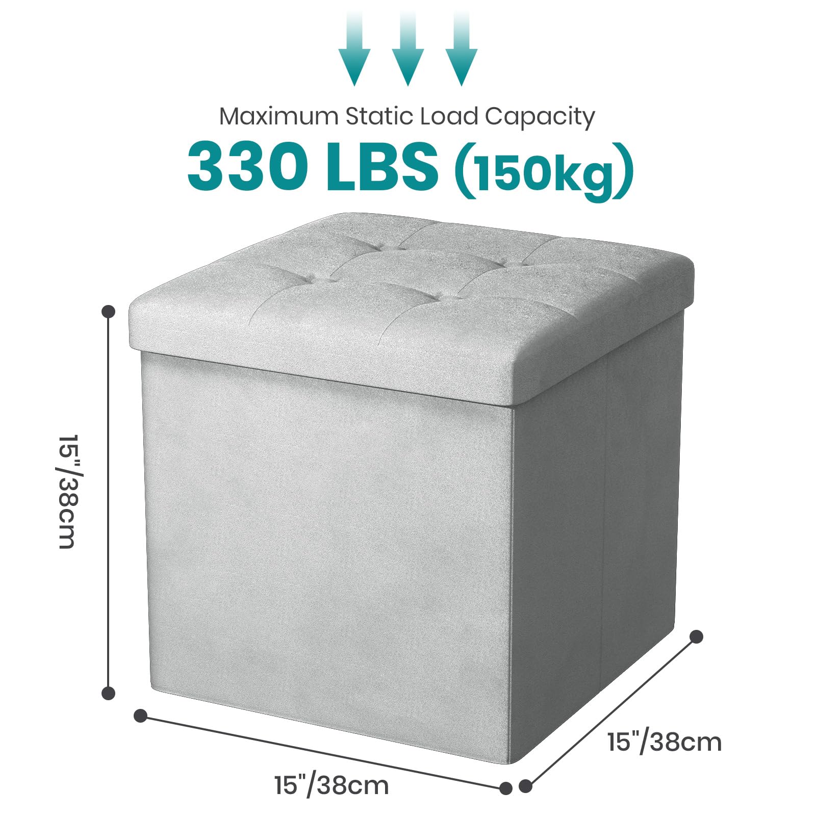 Oak & Tea Storage Ottoman Cube, Foldable Velvet Footstool, Light Grey