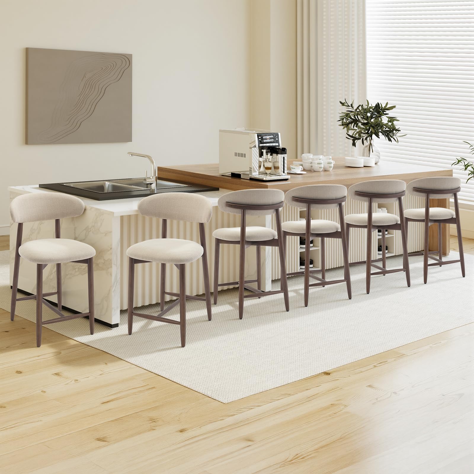 COLAMY 6PCS Counter Height Bar Stools with Back, Modern Upholstered Bar Chairs with Ergonomic Backrest & Footrest, Rubberwood Frame