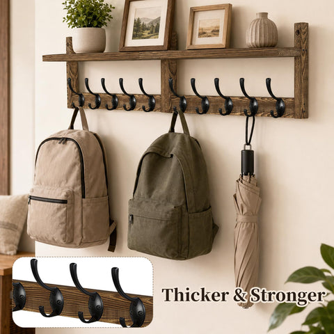 Coat Rack Wall Mounted, 87cm Wooden Extra-Long Wall Hook Rack with Shelf, Set of 2 Coat Hooks with 10 Hooks for Hanging Coats Hats Scarves