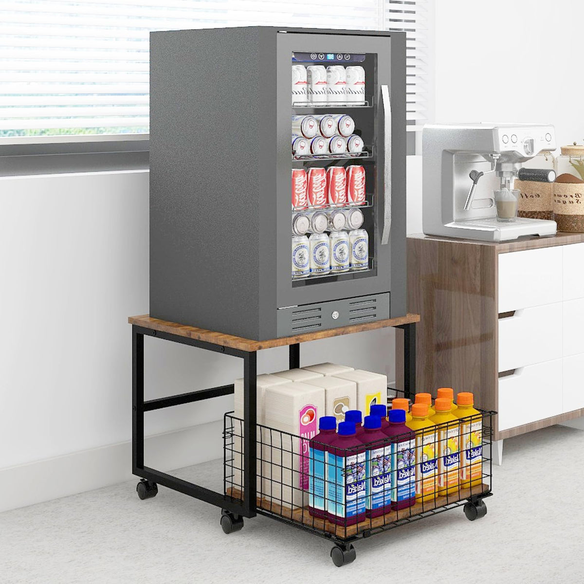 PUNCIA Mobile Mini Fridge Stand with Large Capacity Storage Portable Refrigerator Table with 4 Lockable Wheels Appliance Platform Table with Drawer