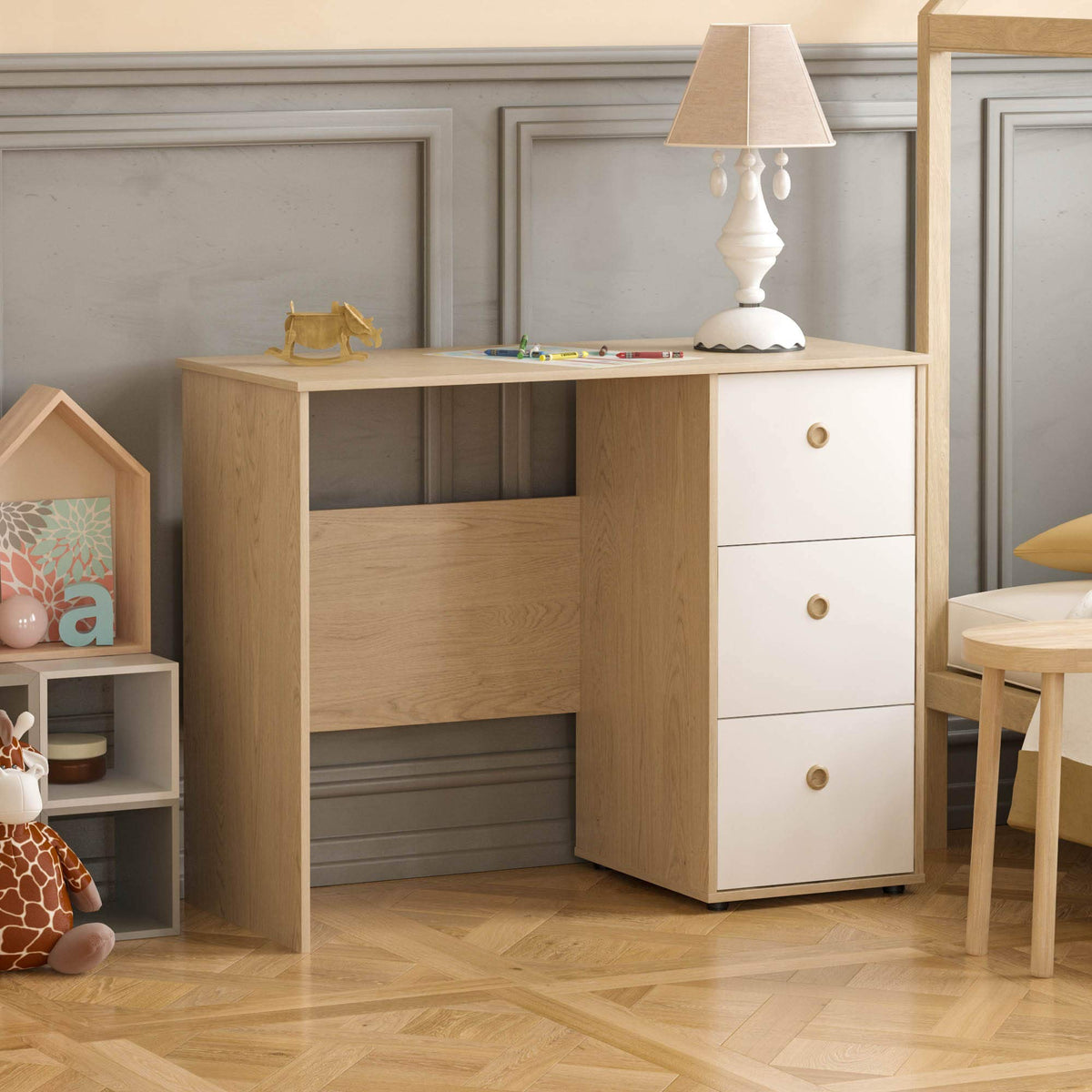 Junior Vida Neptune 3 Drawer Desk Computer Dressing Table PC/Laptop Home Study Workstation Children Kids Furniture (White & Oak)
