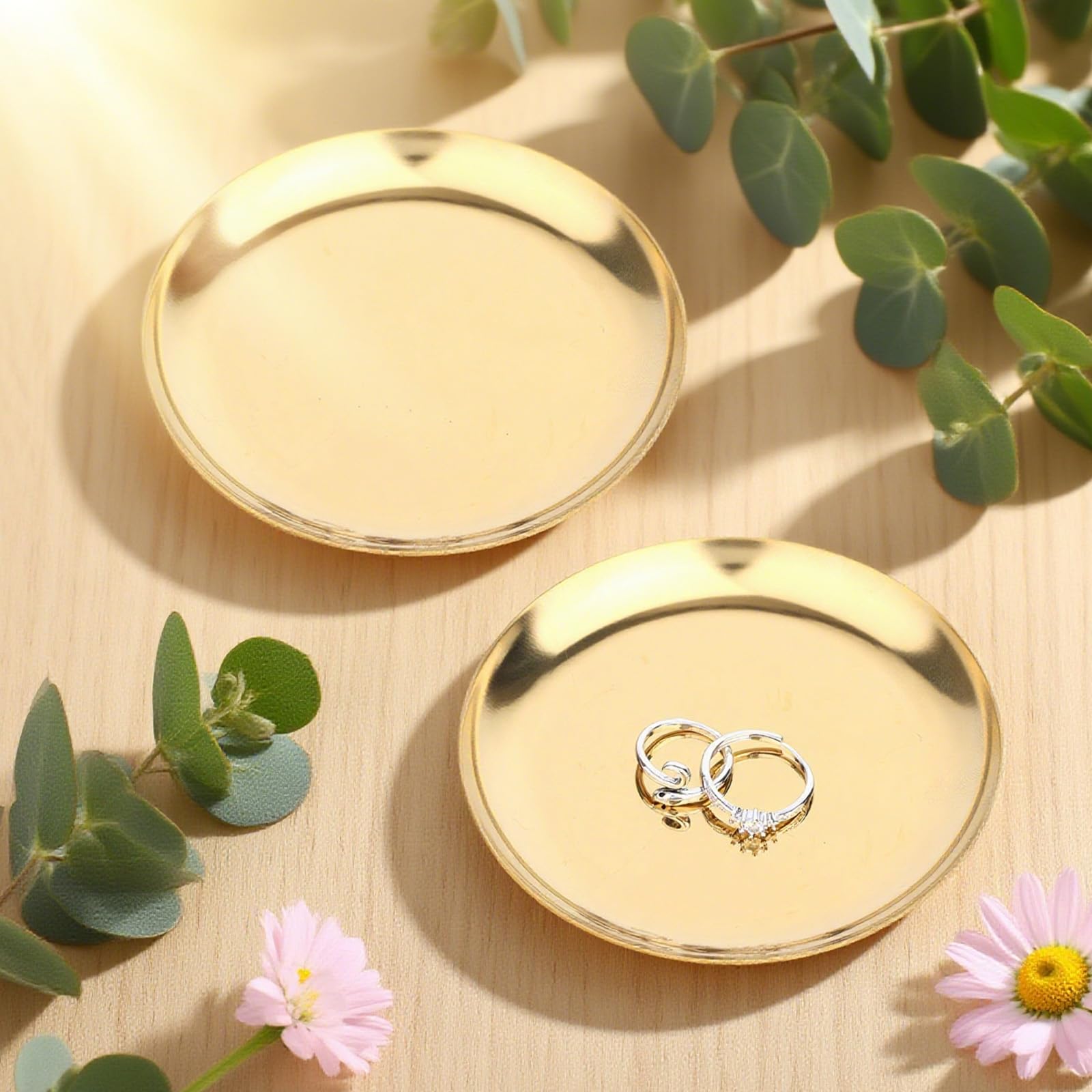 2pcs Gold Round Serving Trays, Stainless Steel Trinket Dish Decorative Jewelry Tray Small Gold Platters for Jewelry Cosmetics Countertop Dish