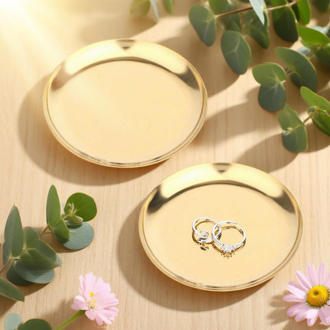2pcs Gold Round Serving Trays, Stainless Steel Trinket Dish Decorative Jewelry Tray Small Gold Platters for Jewelry Cosmetics Countertop Dish