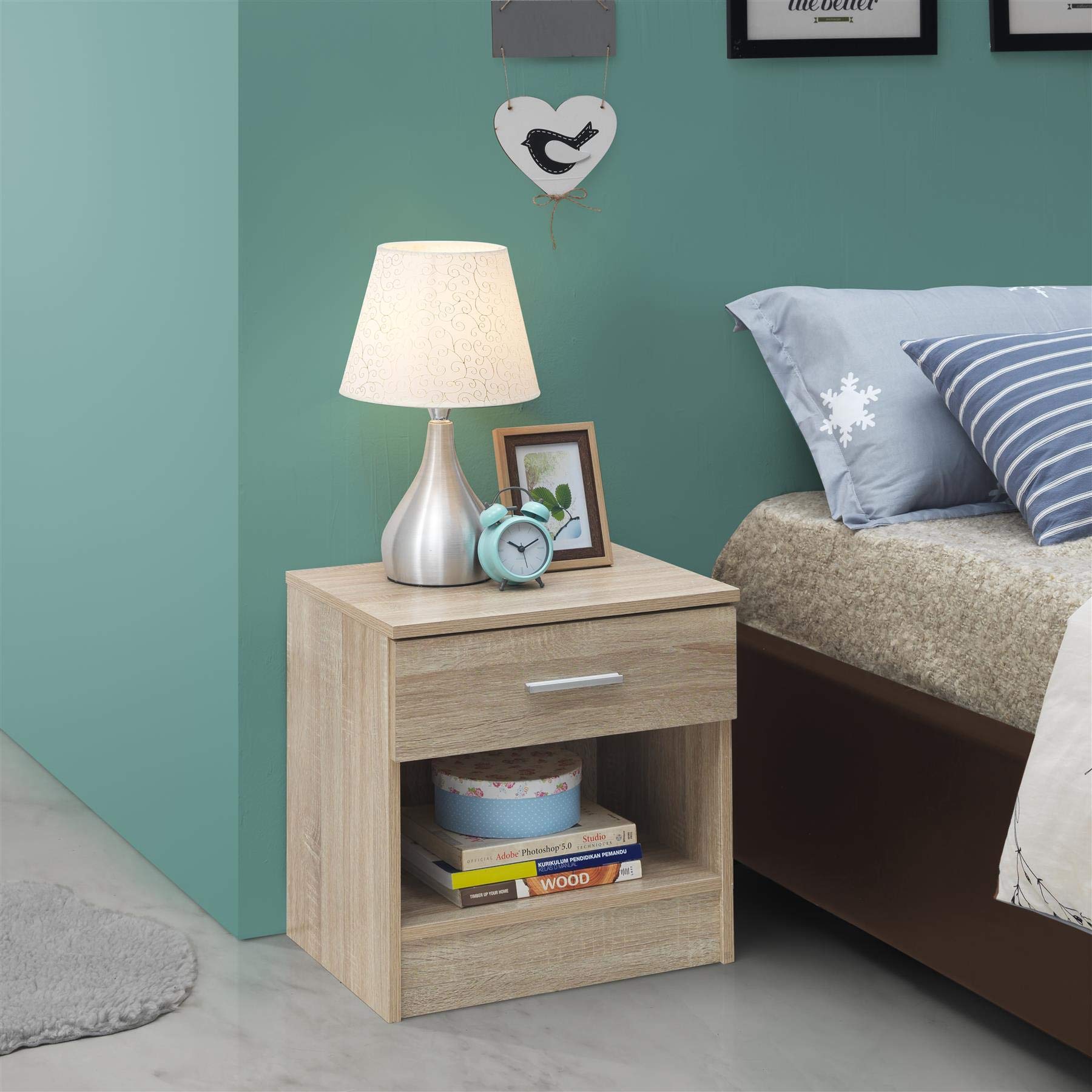 Timber Art Design UK Rio Costa Bedside Table with 1 Drawer & Shelf Cabinet Storage Unit Nightstand Table Modern Furniture for Living Room, Bedroom