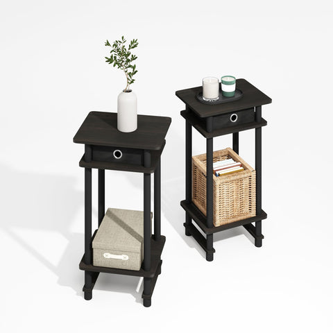 Furinno MODERN Side Table Set of 2, 3-Tier End Table with Storage Bin, Open Shelf Night Stand, Bedside Table, for Living Room, Bedroom, Black Espresso
