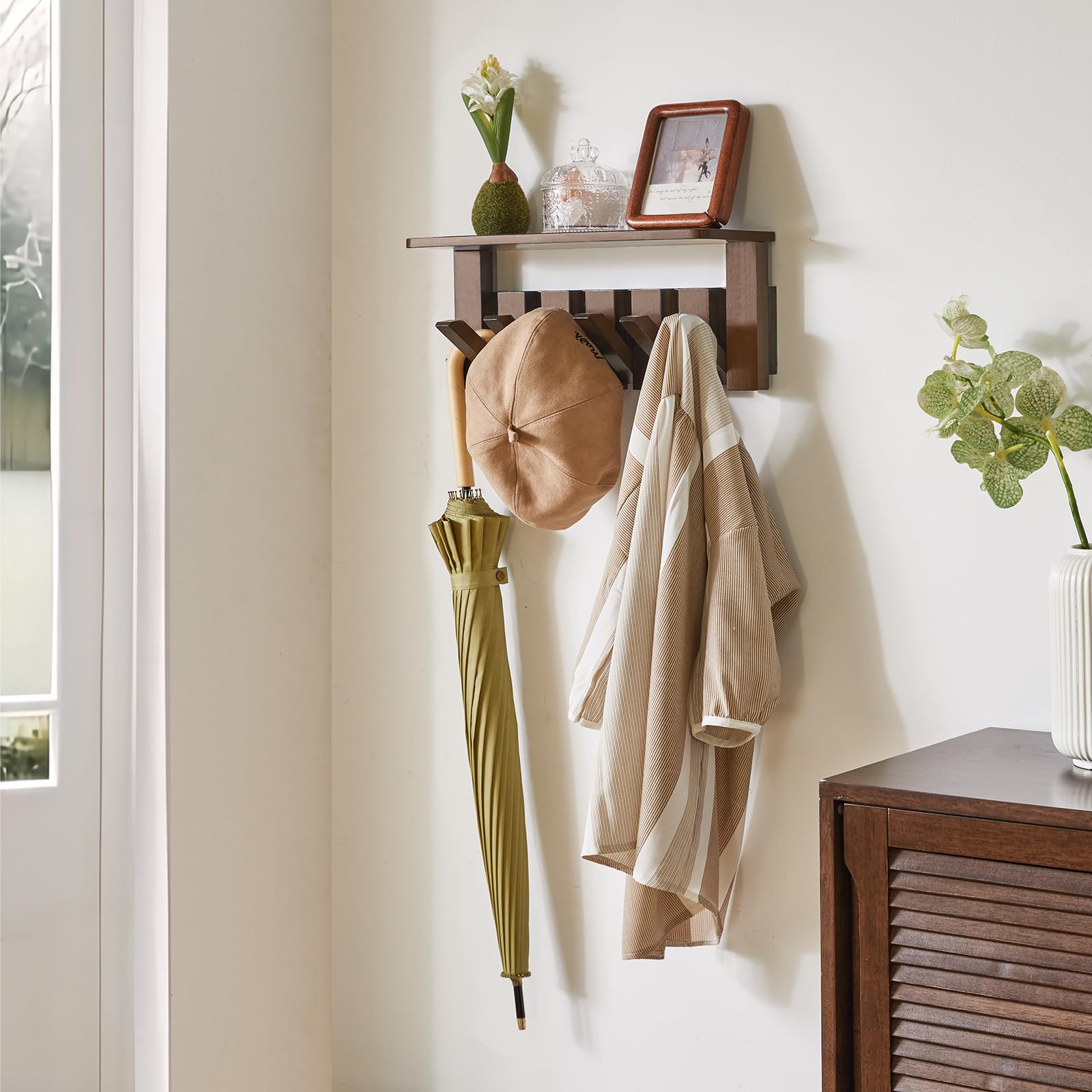 YMYNY Piano Key Coat Hooks Wall Mounted with Shelf, Walnut, HWS008H-2