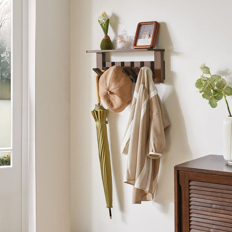 YMYNY Piano Key Coat Hooks Wall Mounted with Shelf, Walnut, HWS008H-2