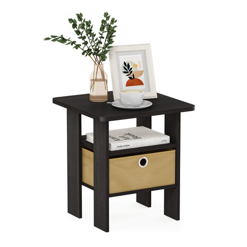 Furinno ANDREY Side Table, End Table, Night Stand with Open Shelves and Storage Bin, Bedside Table, for Living Room, Bedroom, Dark Espresso