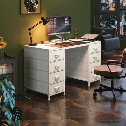 MUTUN 120cm Computer Desk with 8 Drawers, Home Office Desk with Power Outlets, Modern Table with Large Storage for Writing, Study, White