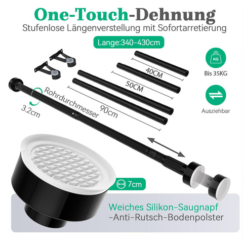 VECTO No Drill Curtain pole 340-430cm Heavy Duty Tension Rod Black 32mm
