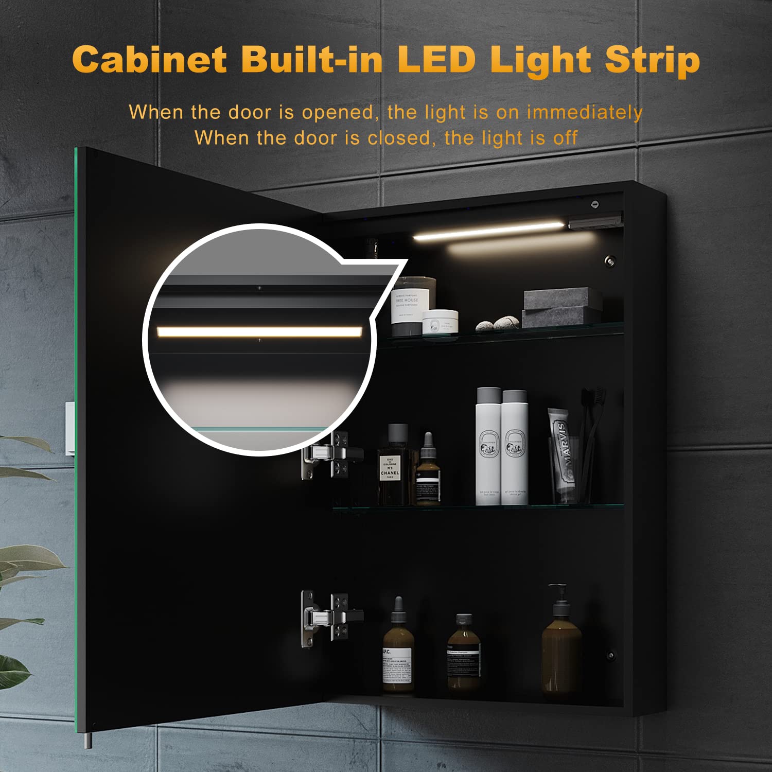 ELEGANT Bathroom Mirror Cabinet with Shaver Socket and Led Lights, Black Single Door Mirrored Bathroom Wall Cabinets with Demister Pad Dimmer Switch