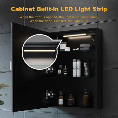 ELEGANT Bathroom Mirror Cabinet with Shaver Socket and Led Lights, Black Single Door Mirrored Bathroom Wall Cabinets with Demister Pad Dimmer Switch