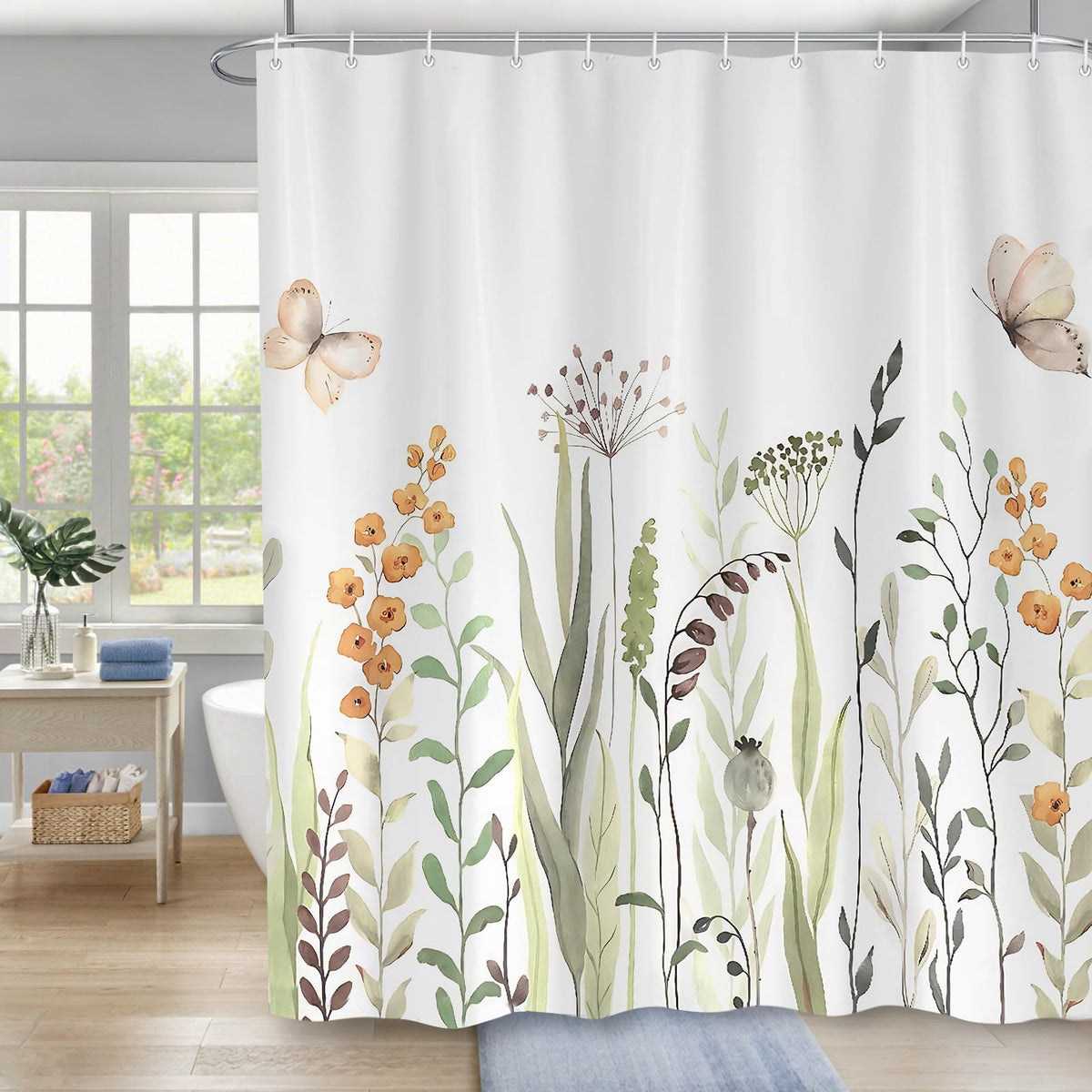 Minicoco Shower Curtain with Floral Botanical - Mould & Mildew Resistant Waterproof Bathroom Decor, 100% Polyester with 12 Hooks, 180x180 cm