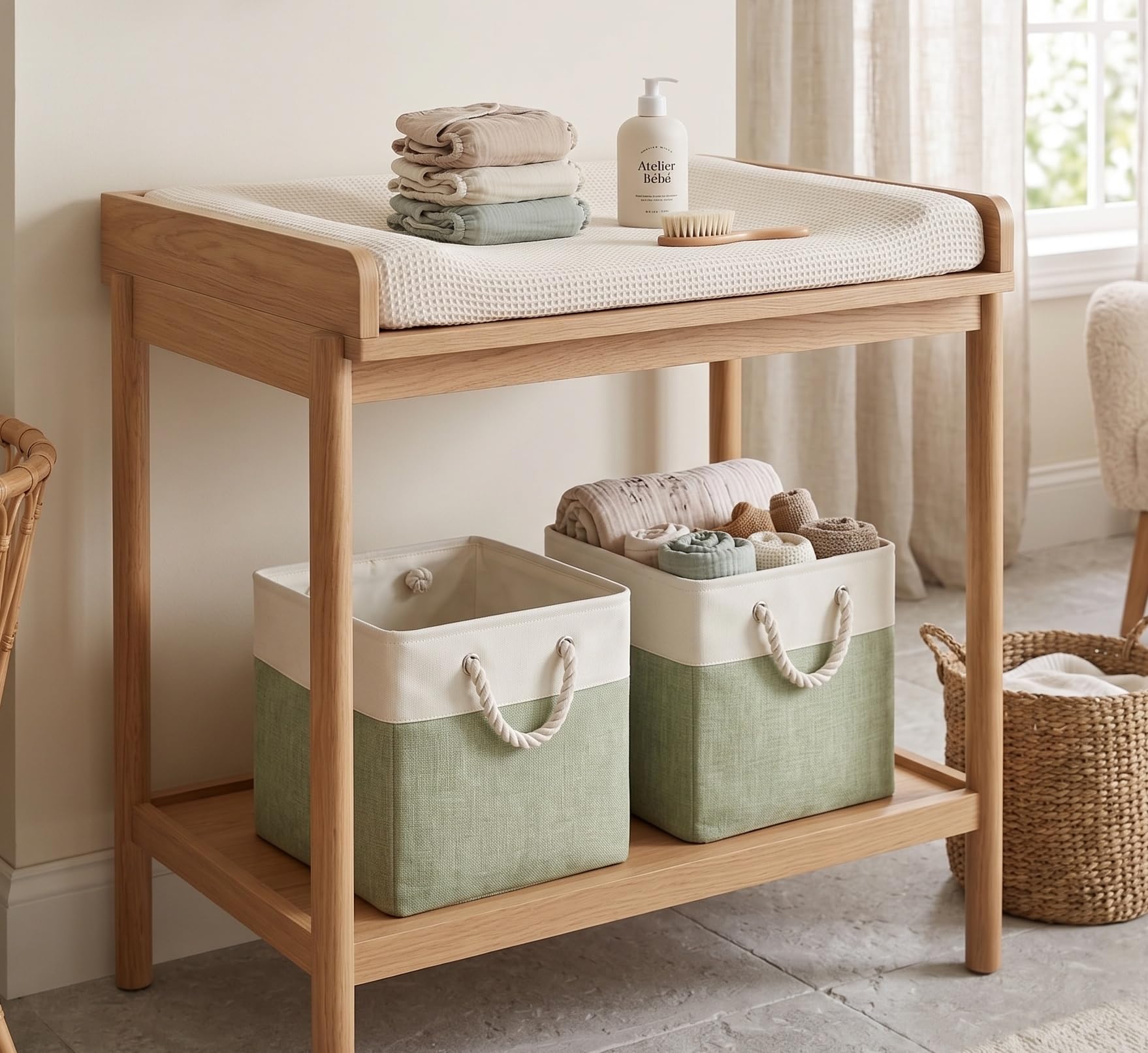 SOCOHOME Fabric Cube Storage Boxes,25x25x25cm Canvas Storage Baskets for Nursery Closet Toys Shelf(Green/White, Set of 3)