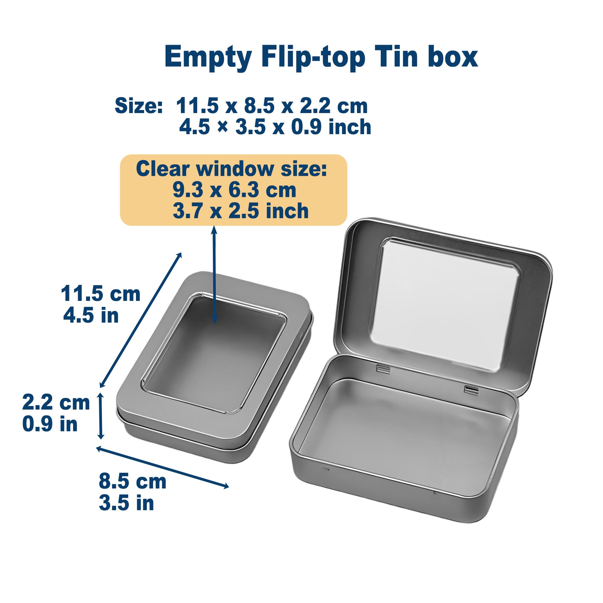 Forever bene 12 Metal Tins with Window Lids, 12 Pieces, Silver, each piece measures 11,5 × 8,5 × 2,2 cm