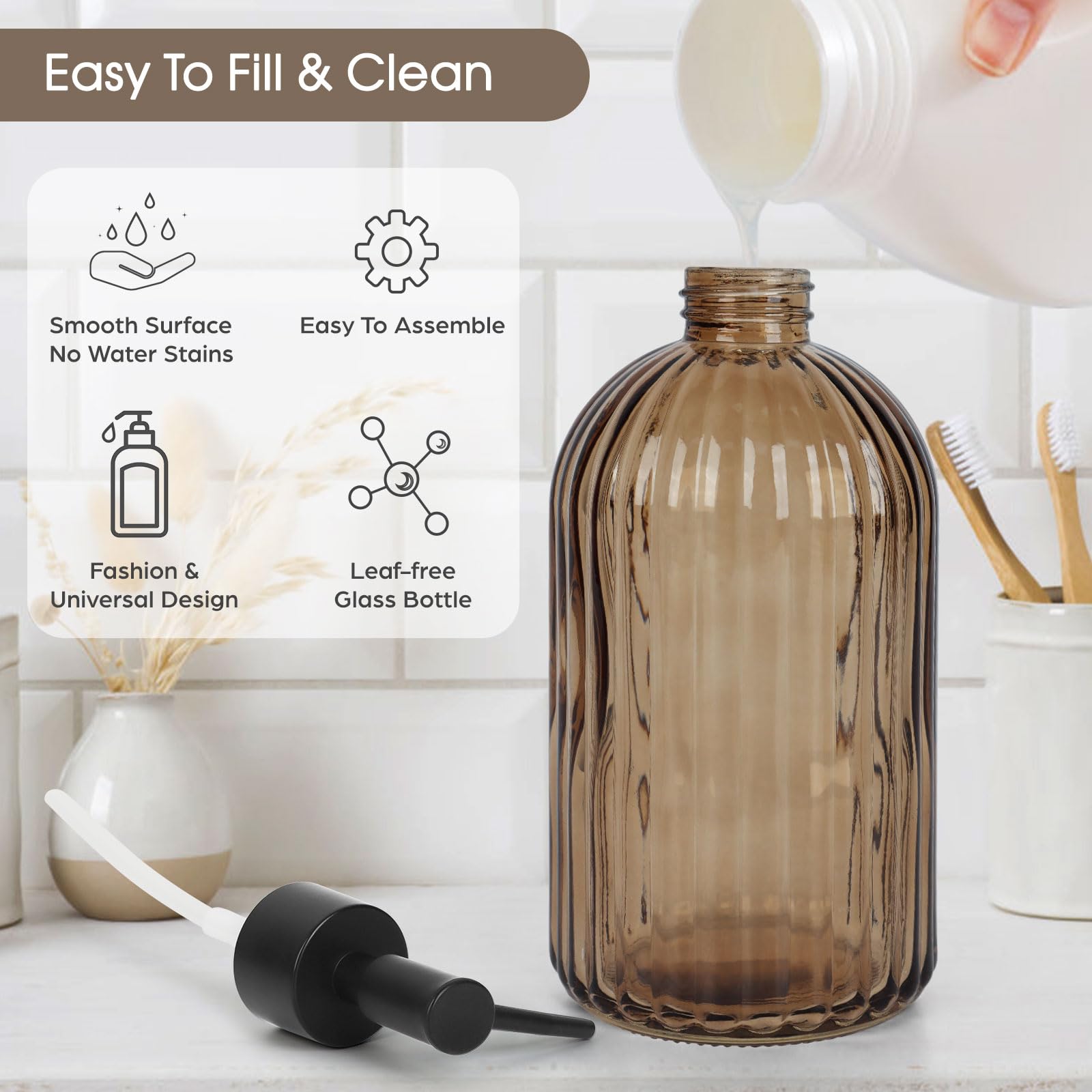 Topsky Glass Soap Dispenser with Black Rustproof Plastic Pump, 400ml Amber