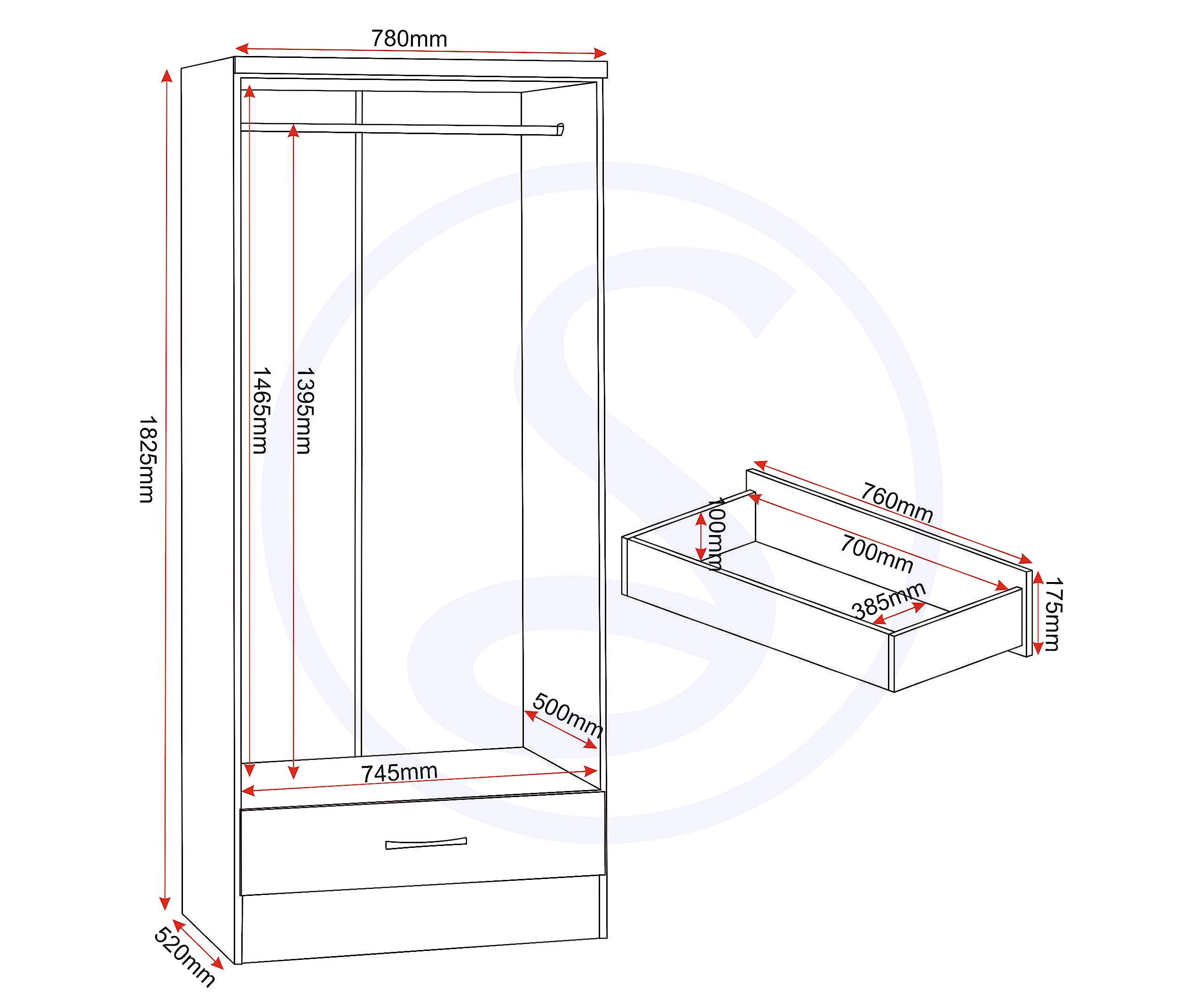 Seconique Nevada 2 Door 1 Drawer Wardrobe in 3D Effect Grey