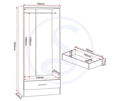 Seconique Nevada 2 Door 1 Drawer Wardrobe in 3D Effect Grey