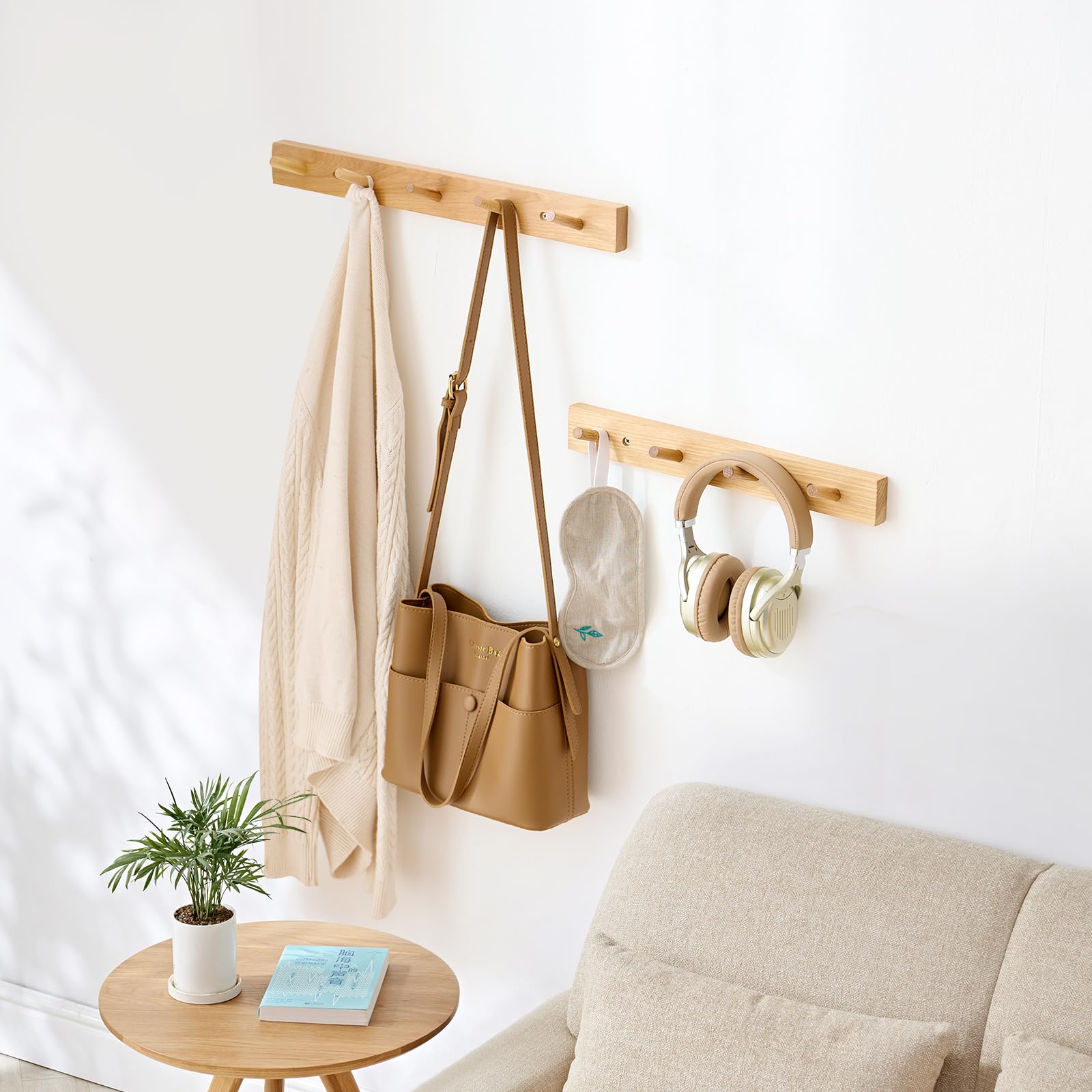 Wooden Coat Rack Wall Mounted, 40cm Hickory Wood Floating Jackets Hooks