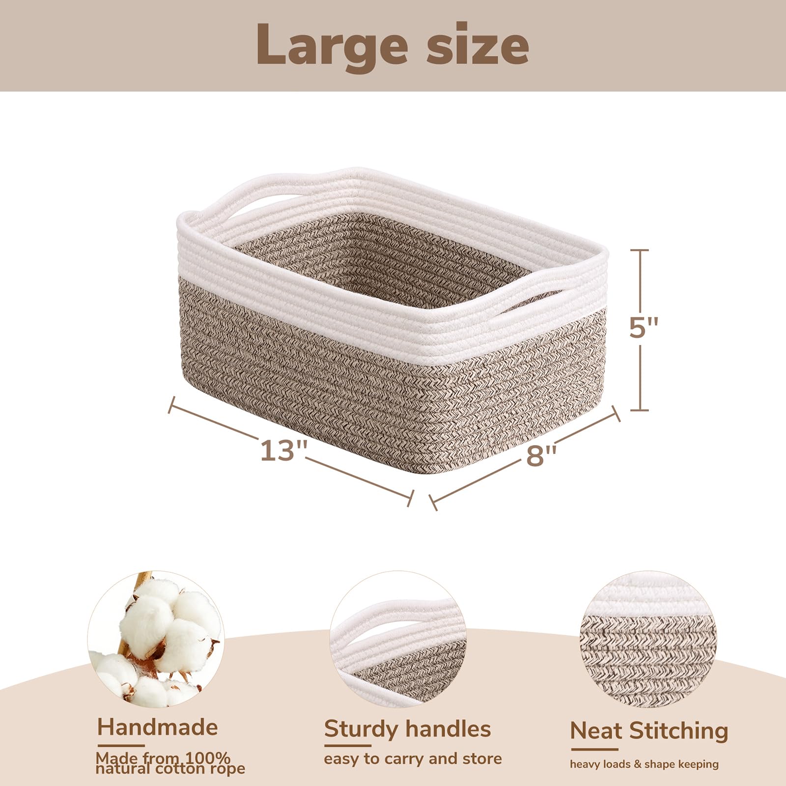 TIMEYARD 3 Pack Woven Rope Storage Basket Shelf Basket White Brown