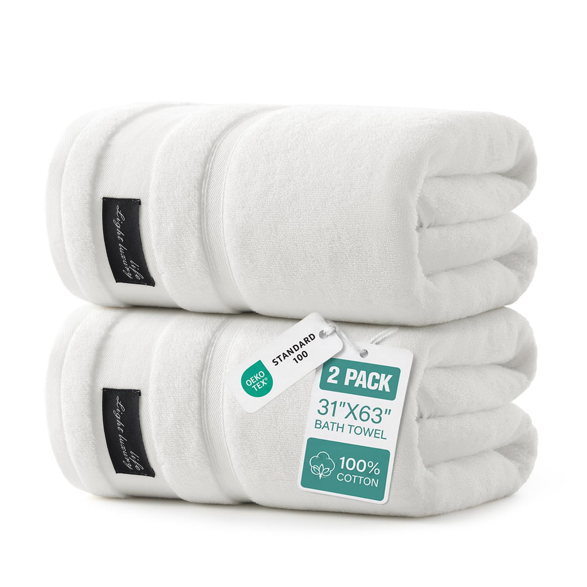 REDKISS 2-pack White Large Bath Towels-160 x 80CM Cotton Luxury Towel