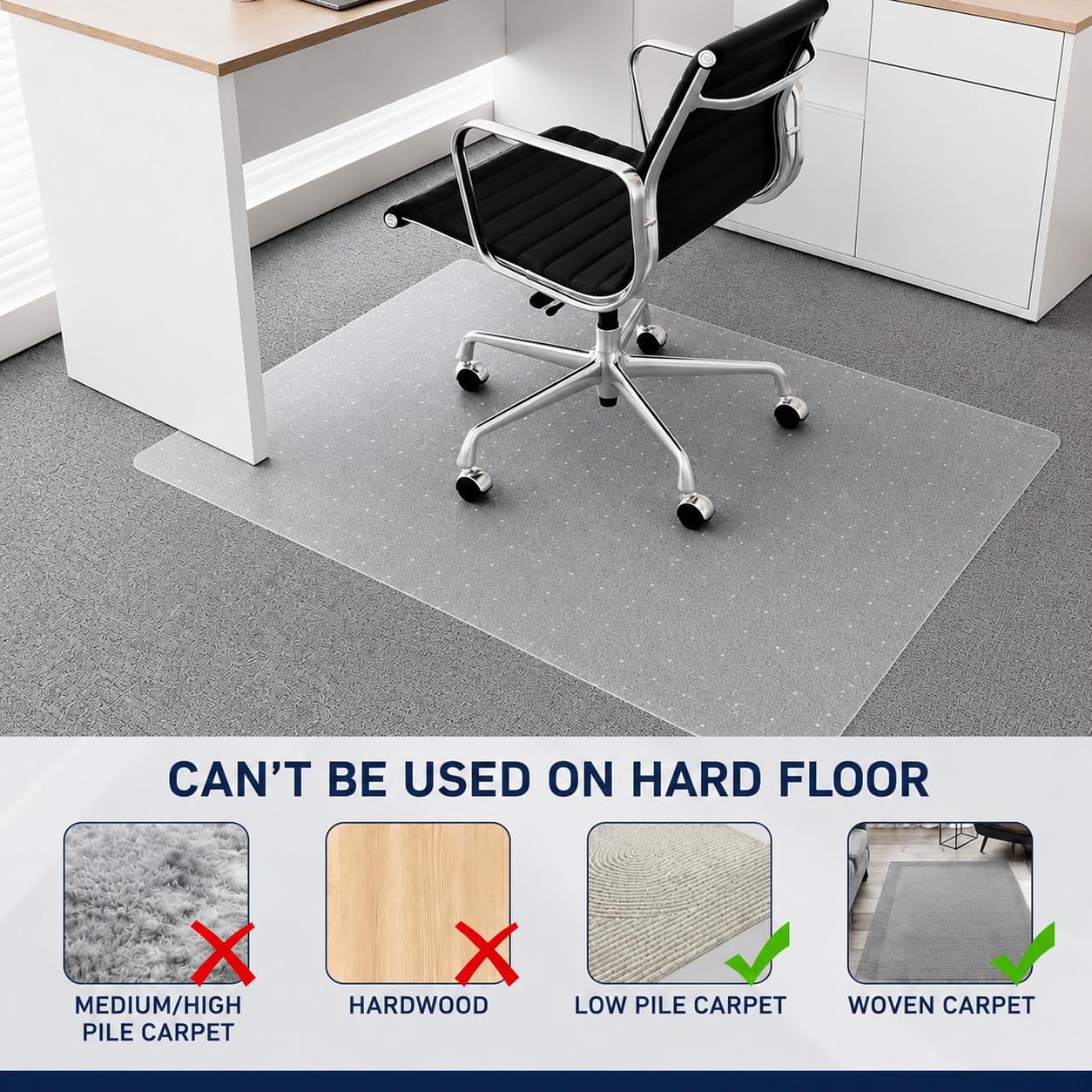 Thickened Office Chair Mat for Carpet, 120×90cm Rectangular, 3mm Thick Clear Heavy Duty Floor Protector with Anti-Slip Particles for Office & Home