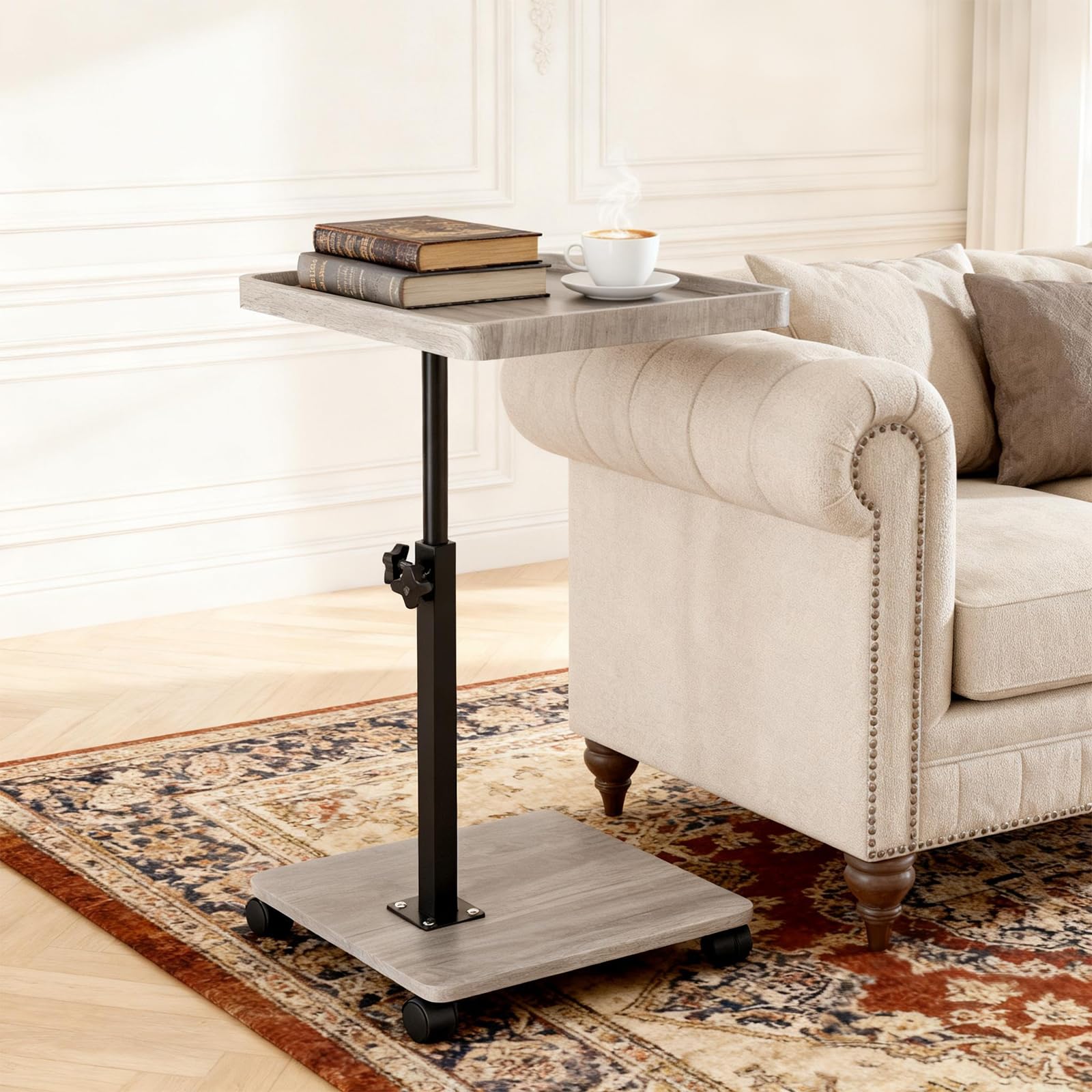 XUDREZ Adjustable Side Table, C Shaped Small Table with 4 Wheels 364° Swivel Tray, End Table for Living Room Bedroom Sofa Small Spaces