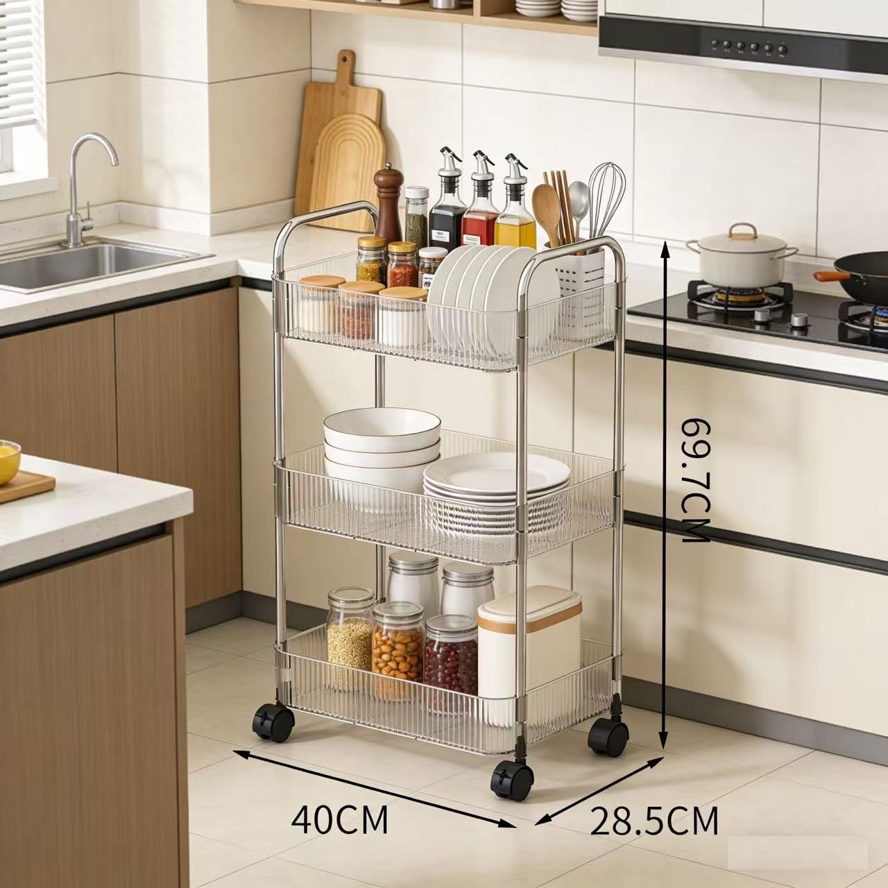 Multibao 2/3/4 Tier Storage Trolley on Wheels - Acrylic Shelf Cart for Bathroom, Spa, Salon Beauty (3 Tier 40 * 28.5 * 69.7cm)
