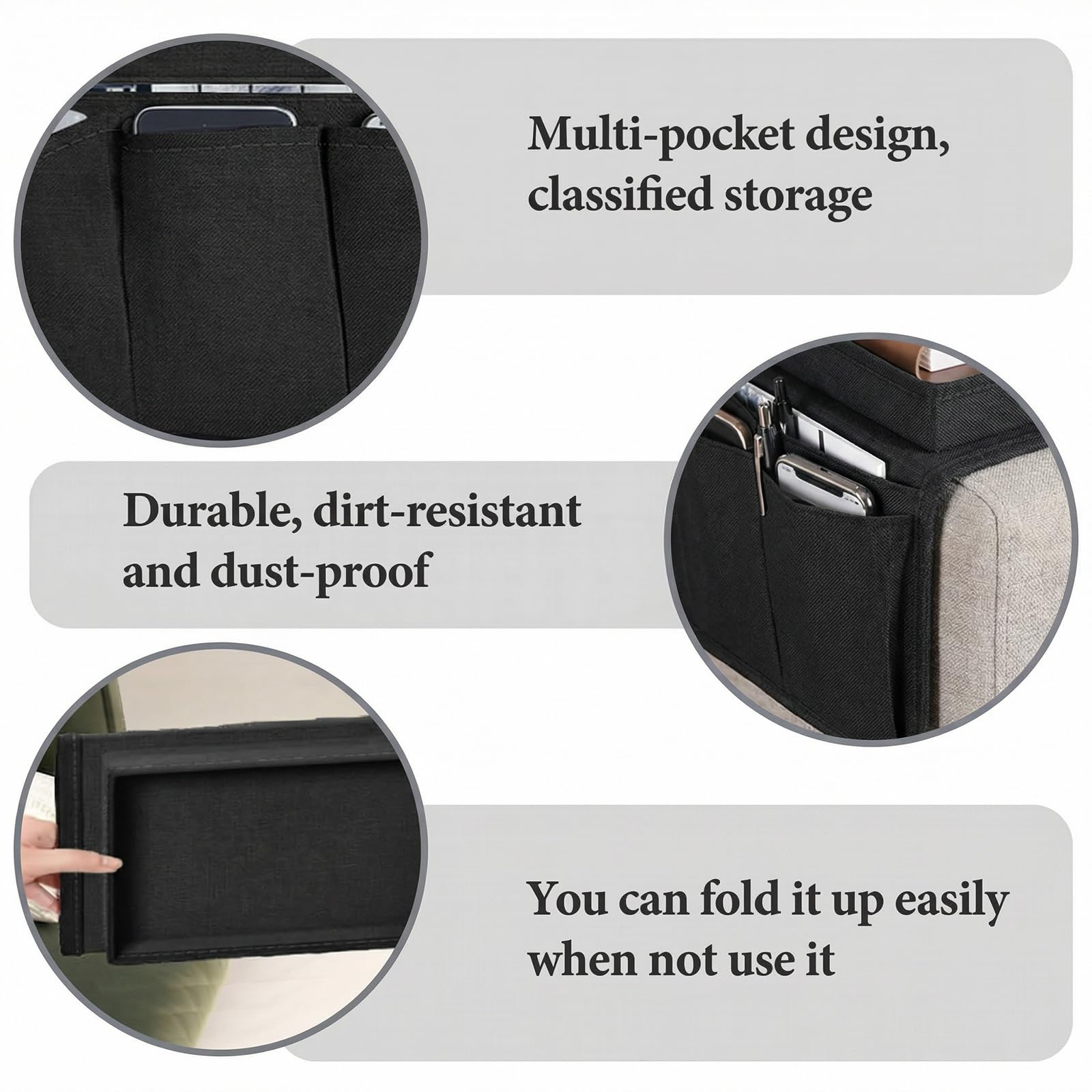 Sofa Armrest Organiser, Armchair Caddy with Tray, Couch Arm Tray Stylish And Durable Multifunctional Pocket Storage Bag