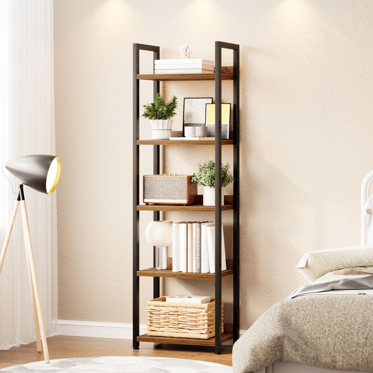 APPOLYN 5 Tier Slim Bookshelf, Bookcase with Backboard, Rustic Brown