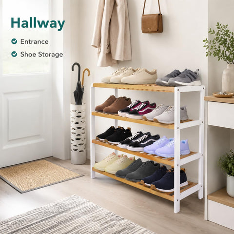 1ABOVE Bamboo Shoe Rack, Plant Rack, Perfect for Corridor, Living Room, Bathroom, Bedroom, Hallway or Small spaces-Parent. (White & Natural, 4 Tier)