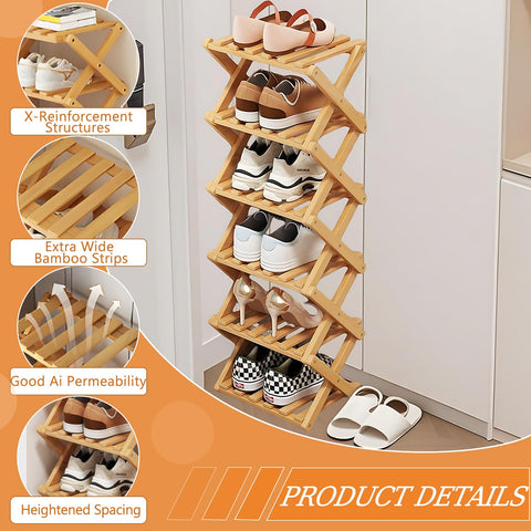 Kiss Me 8-Tier Bamboo Foldable Shoe Rack Vertical Narrow