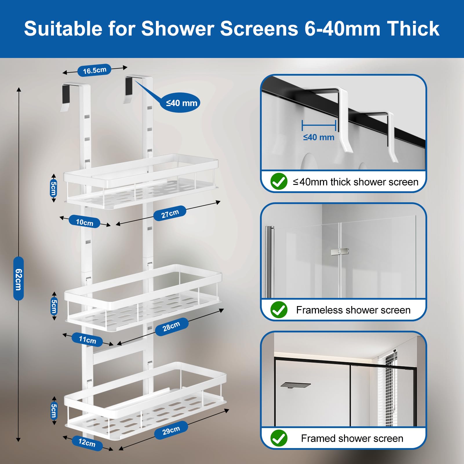 Diwoker Shower Caddy Hanging, Over Door Bathroom Storage White, 3-Tier