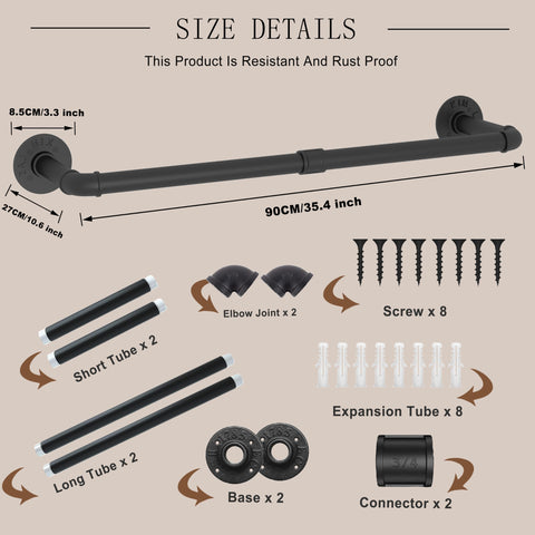 VOLISON Wall Mounted Clothes Rail, 90CM Industrial Pipe Clothing Rack, Industrial Clothes Rail Wall Mounted