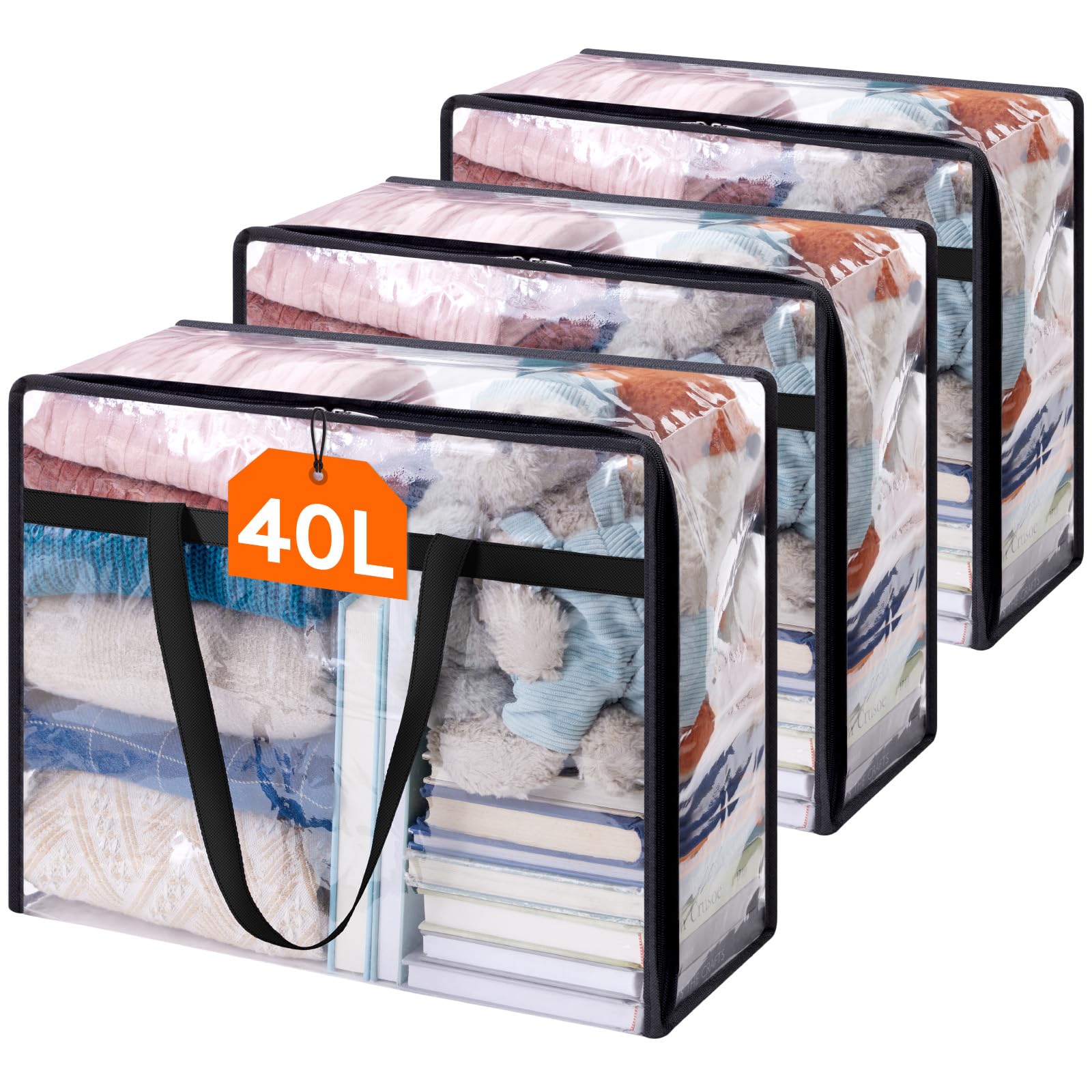 Lifewit 3 Pack Clear Storage Bags, 40L Plastic Clothes Storage Bags