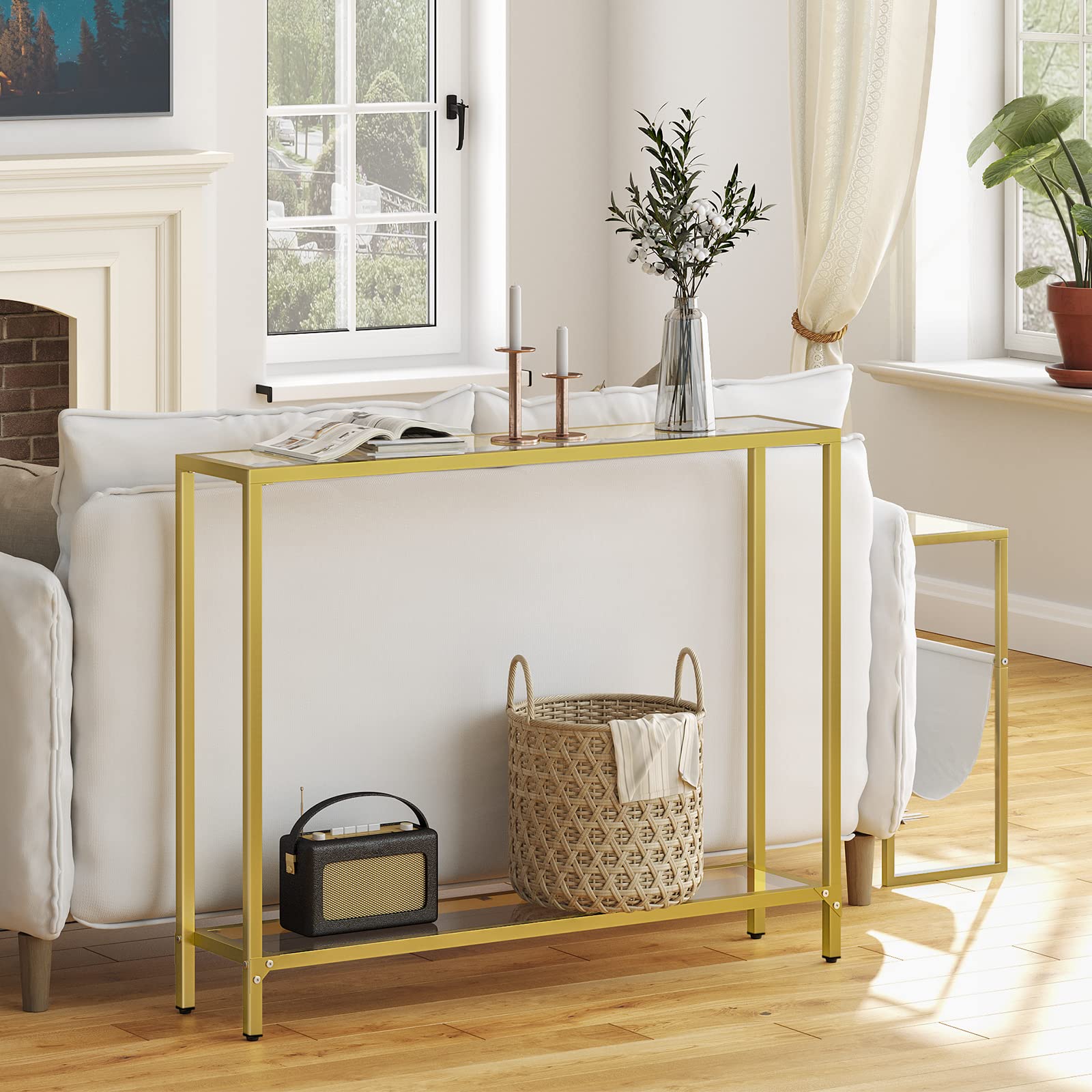 HOOBRO Console Table, 2-Tier Tempered Glass Console Table, Slim Hallway Table with 2 Shelves, 100 x 22 x 80 cm, Modern Display Table for Living Room