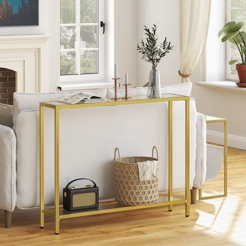 HOOBRO Console Table, 2-Tier Tempered Glass Console Table, Slim Hallway Table with 2 Shelves, 100 x 22 x 80 cm, Modern Display Table for Living Room