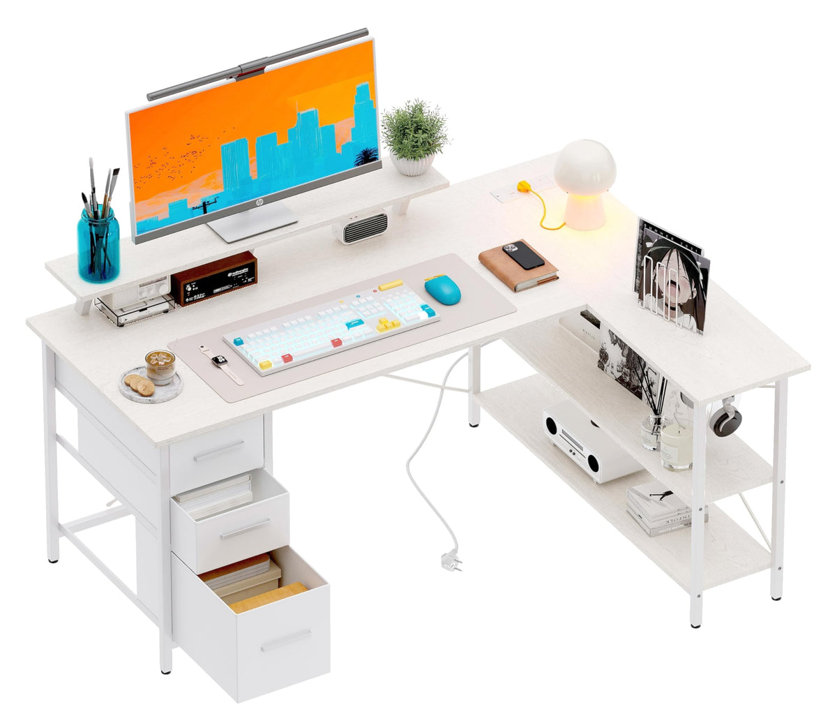 Xyphren Corner Computer Desk with Drawers, 120x80cm Reversible L Shaped Desk with Power Outlet, Home Office Desk with Monitor Stand and PC Stand