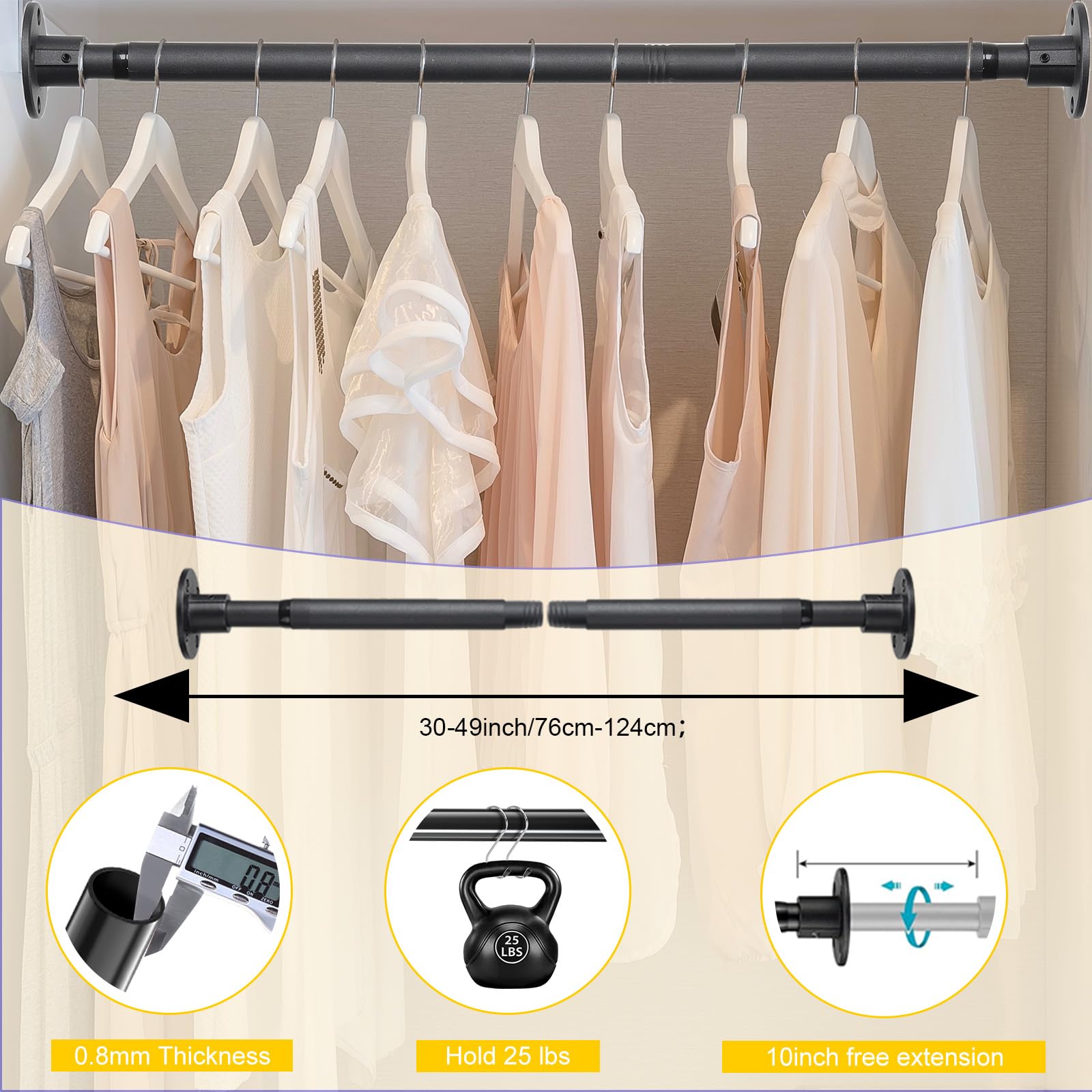 Black Wardrobe Rail,Extendable Clothes Rail 76-124cm,Heavy Duty Wardrobe Pole,25MM Diameter Stainless Steel Clothes Hanging Pole,Screw Fixing