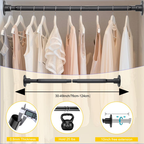 Black Wardrobe Rail,Extendable Clothes Rail 76-124cm,Heavy Duty Wardrobe Pole,25MM Diameter Stainless Steel Clothes Hanging Pole,Screw Fixing