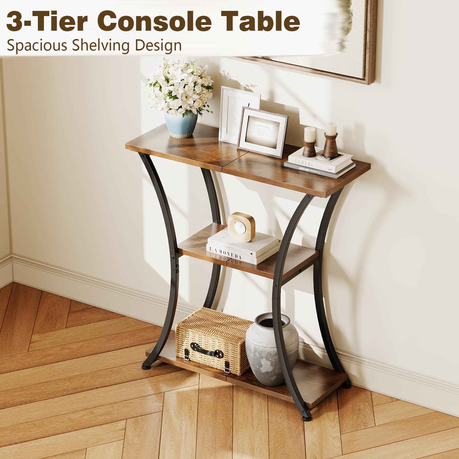 Trironsun Rustic Narrow Console Table with 3 Tiers, Slim Hallway Table with Curved Metal Frame and Open Shelves