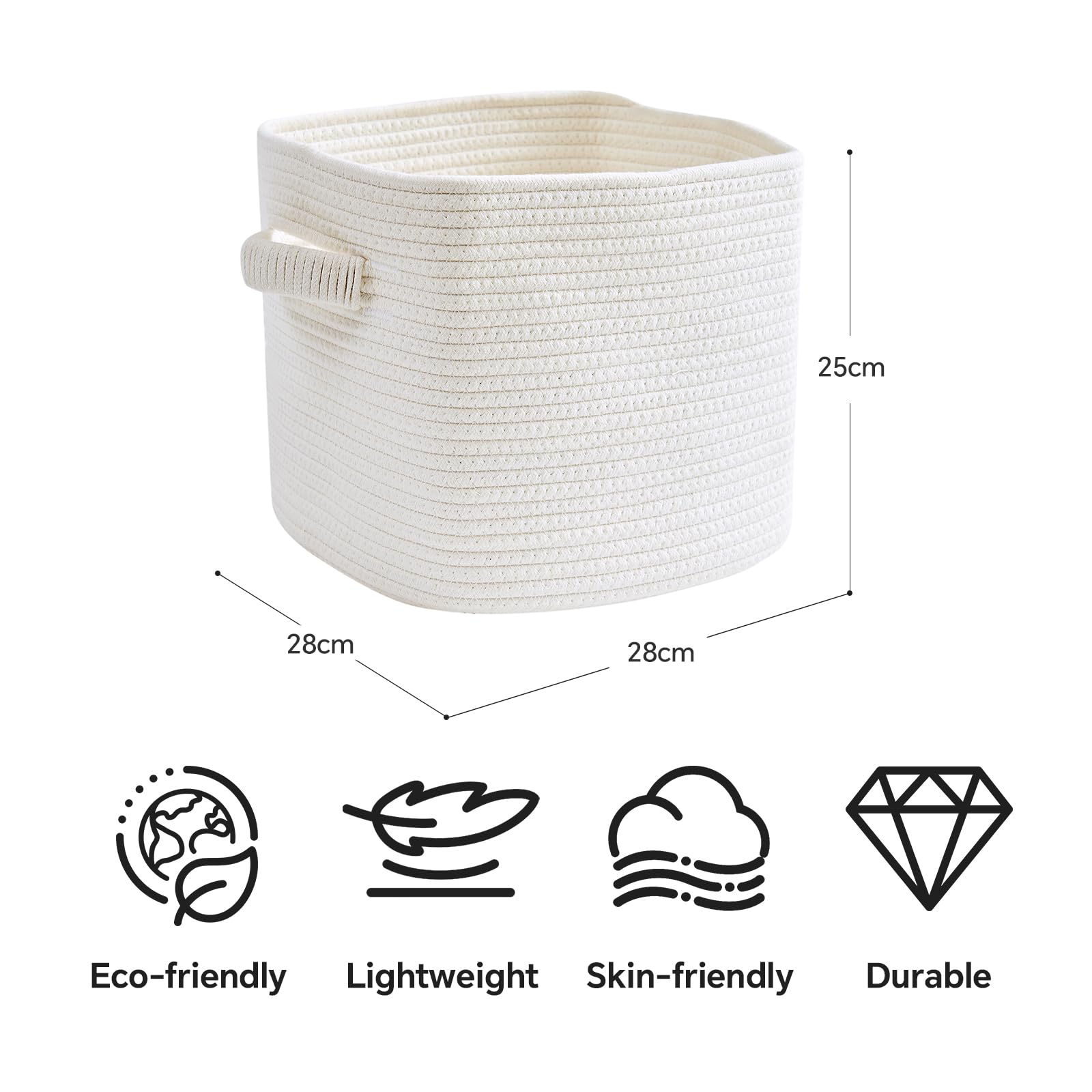 Mangata Set of 3 White Cotton Rope Cube Storage Baskets with Handles, 28x28x25cm, Woven Organisers for Shelves, Bathroom, Bedroom