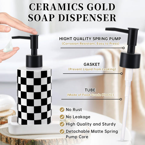 Soap Dispenser with Matte Black Pump, Ceramic Soap Dispenser Bathroom, Checkerboard Dish Soap Lotion Dispenser for Kitchen Sink