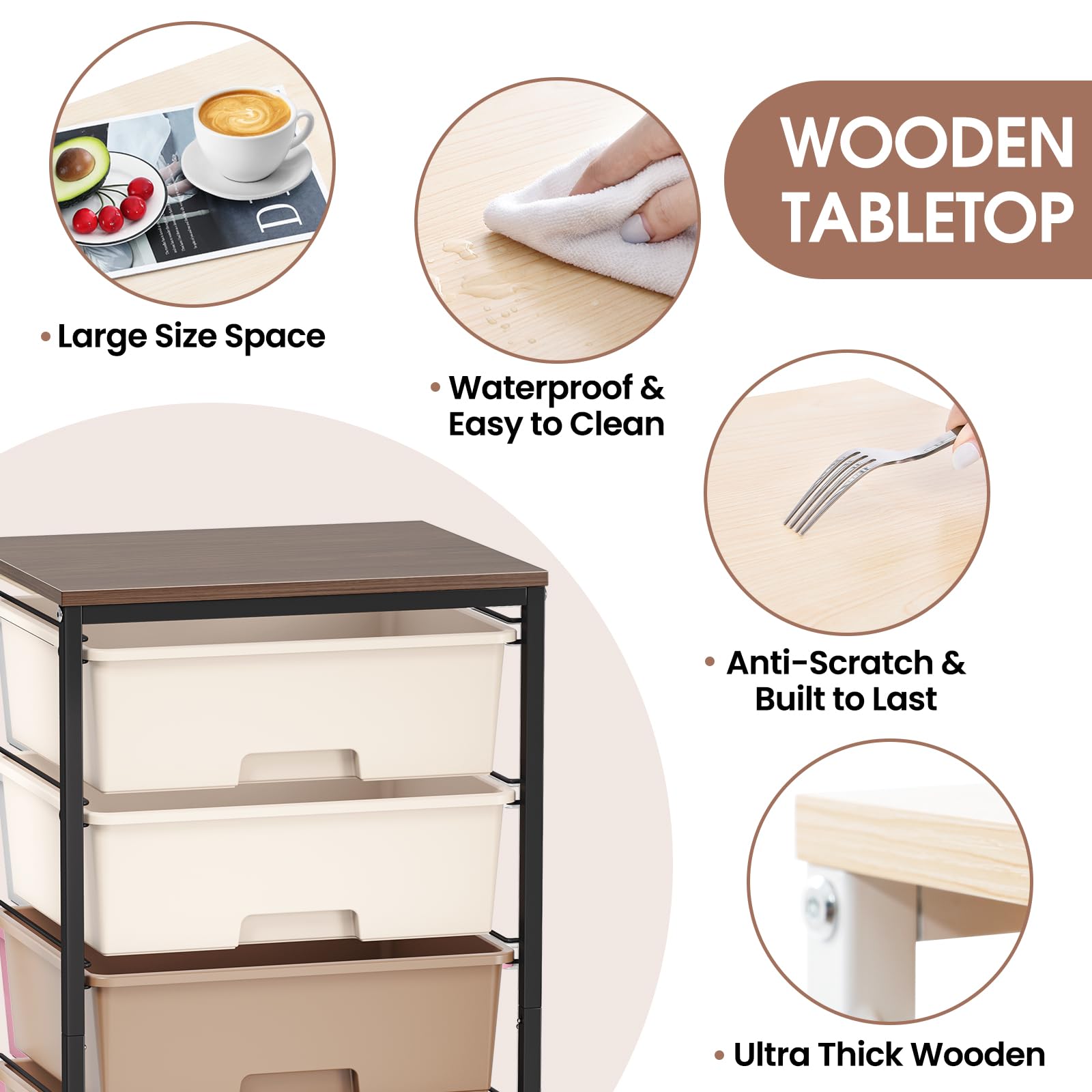 6-Drawer Craft Organizer Trolley Cart with Wooden Top, Brown
